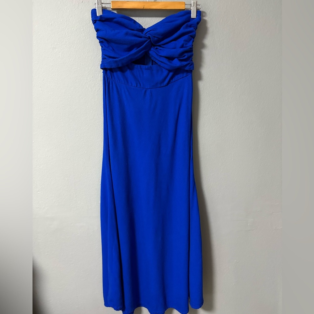 Trixxi Linen Blend Twist Front Keyhole Midi Dress in Cobalt Blue. Size Small - Picture 2 of 8